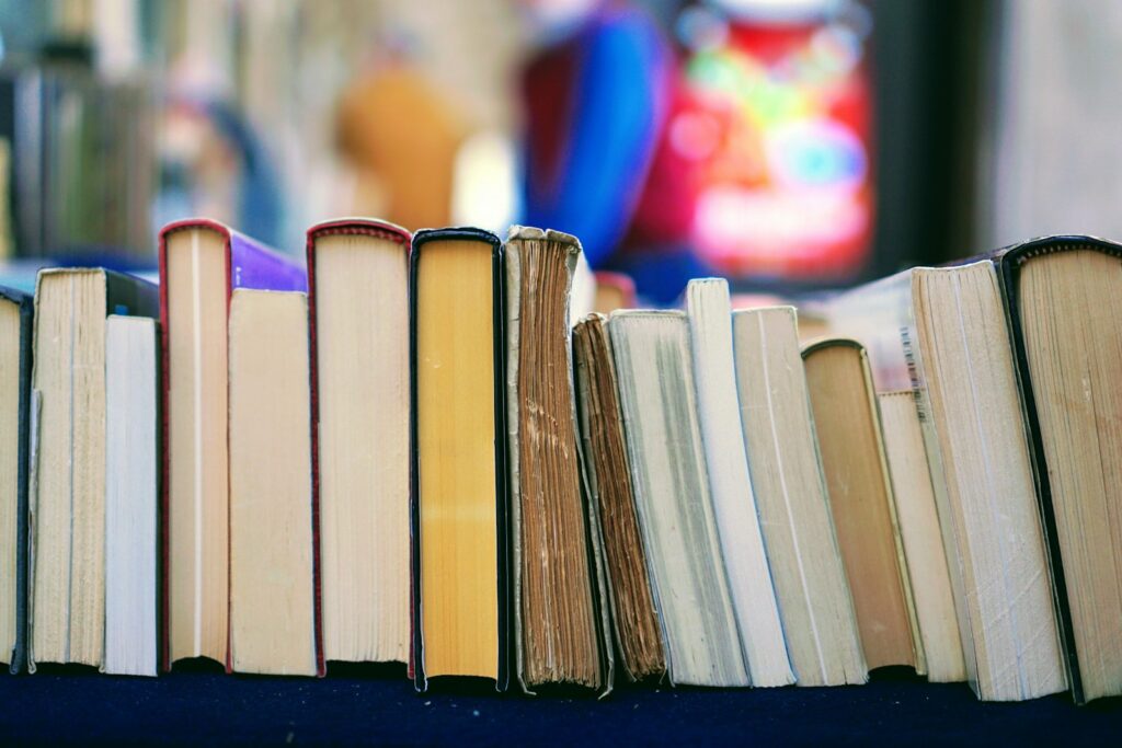 book lot on table with words